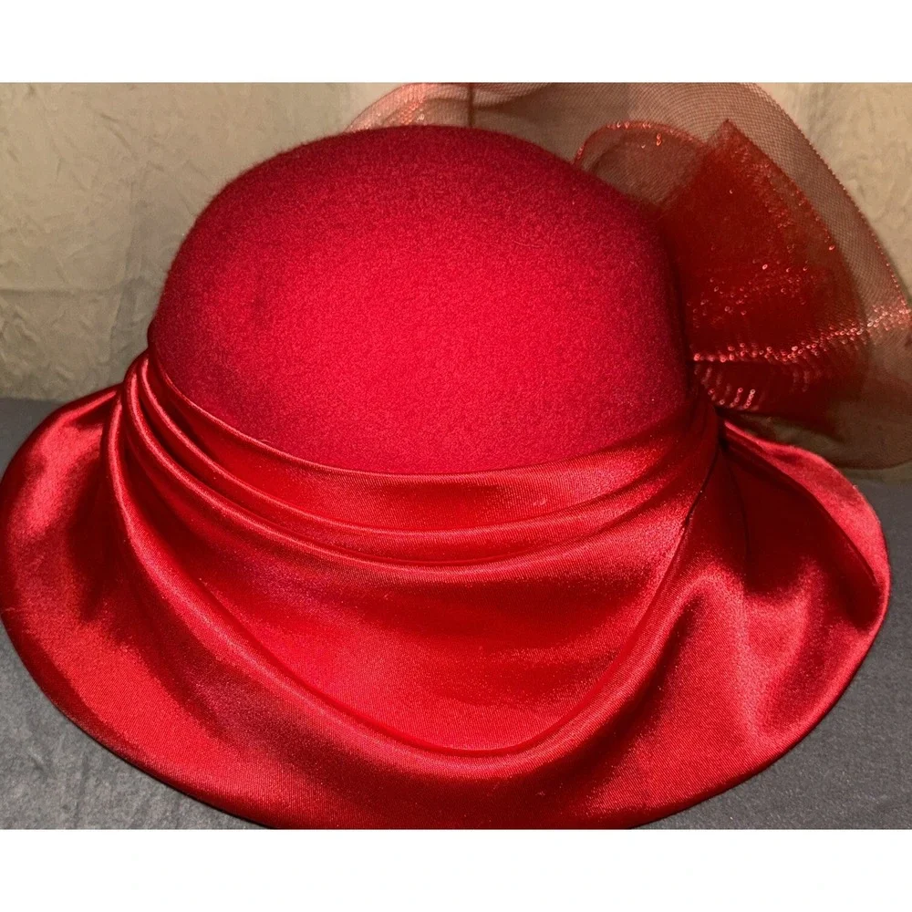 Bowler Hat Wool Ruched Satin Mesh Bow Elegant Kentucky Derby Church - Picture 5 of 9